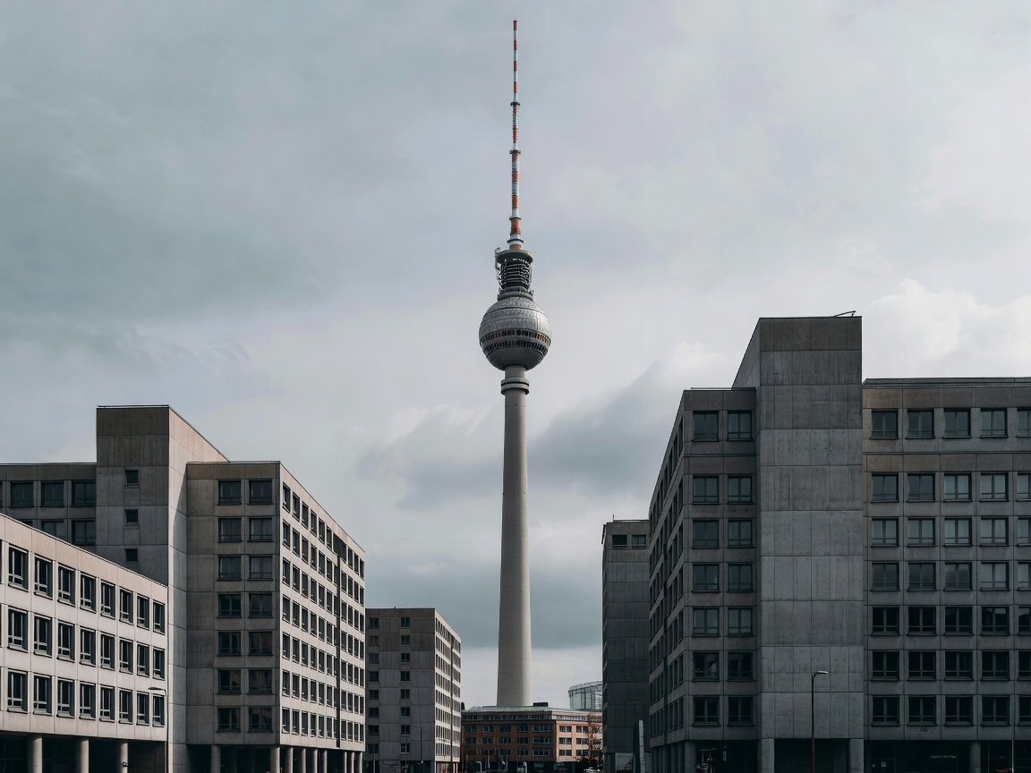 Berlin cityscape with Fernsehturm and modern brutalist architecture