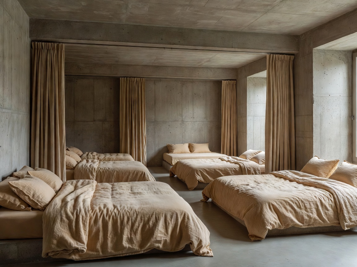 Brutalist concrete interior with warm linen textiles in Milan design hostel