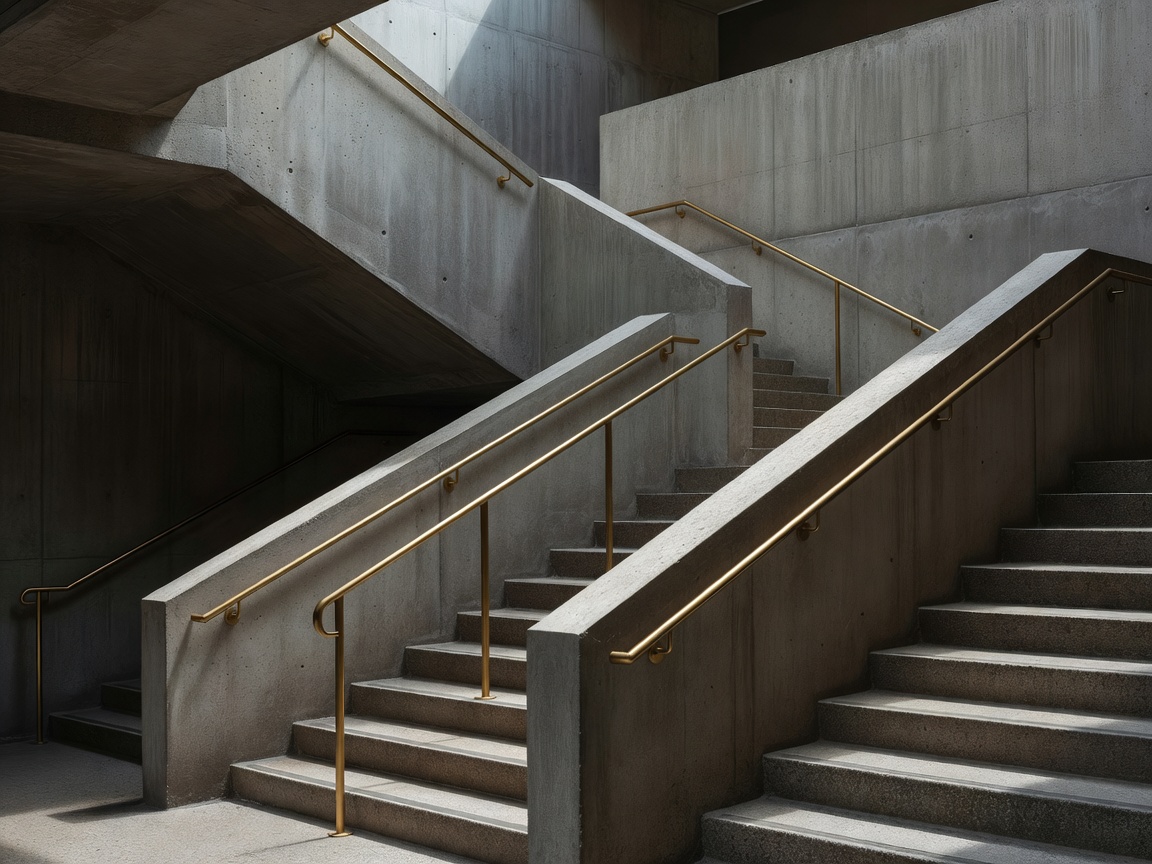 Brutalist concrete stairway with minimalist brass handrails