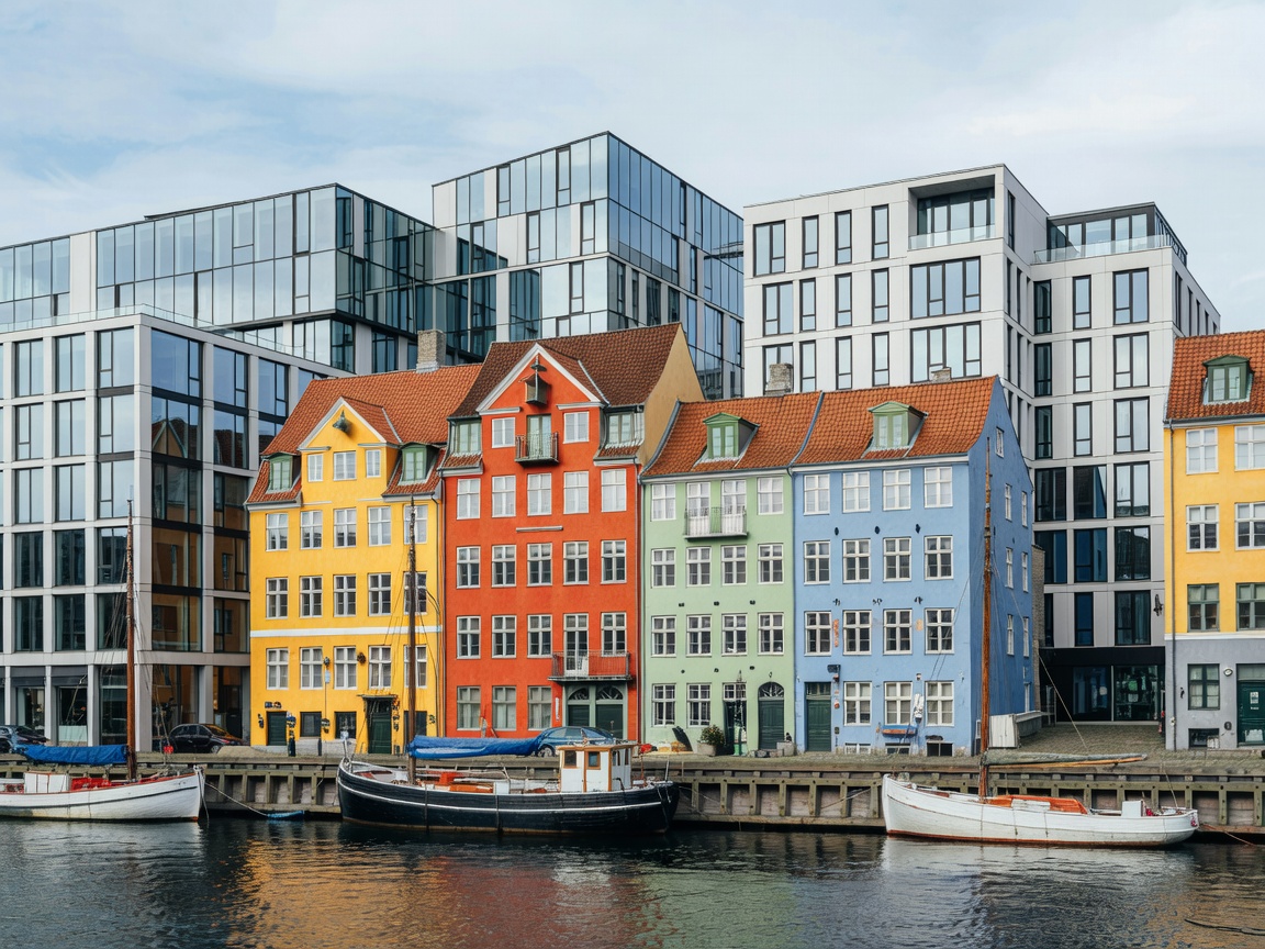 Copenhagen canal waterfront with colorful historic facades and modern architecture