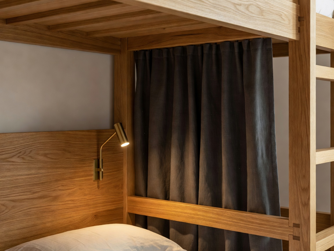Detailed close-up of custom oak bunk architecture with built-in reading sconce and privacy curtain