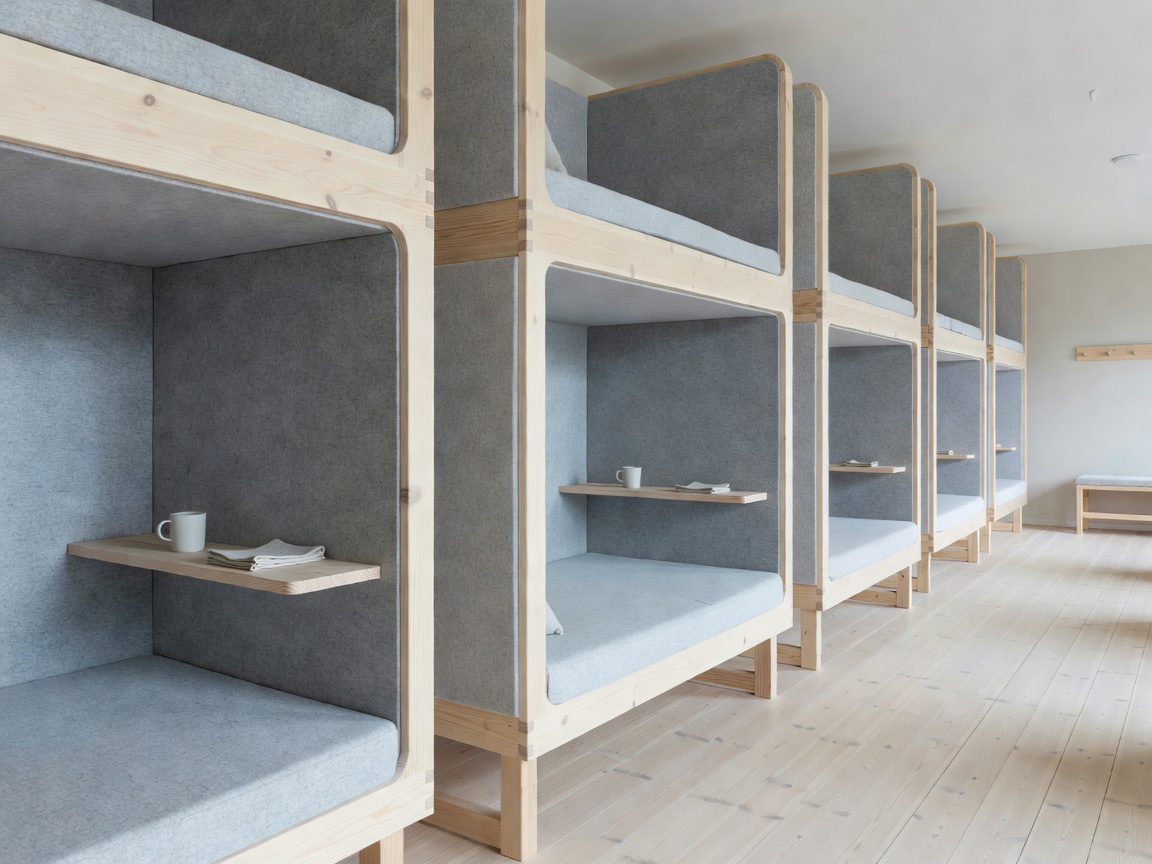 Detailed timber bunk pods with acoustic felt lining and integrated shelf in Scandinavian hostel