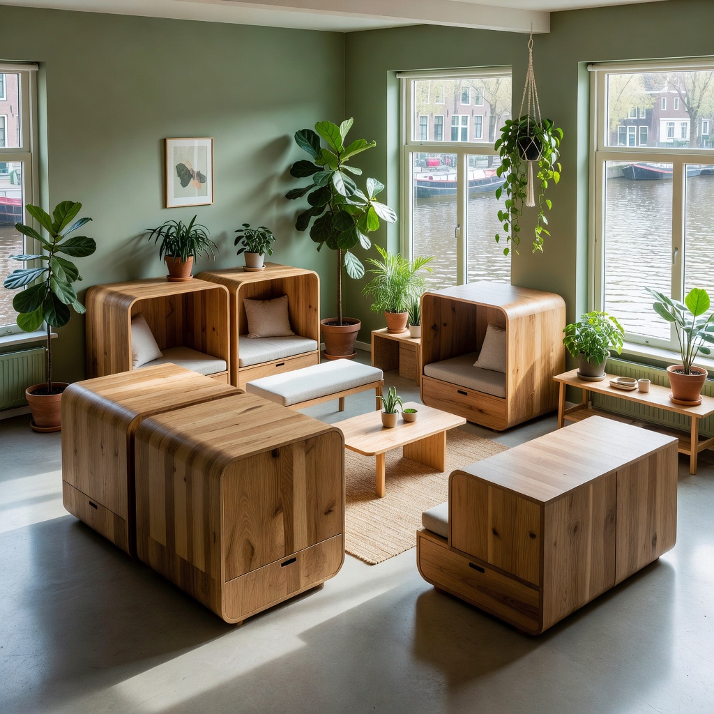 Ecomama Amsterdam green communal living room and sustainable timber pods