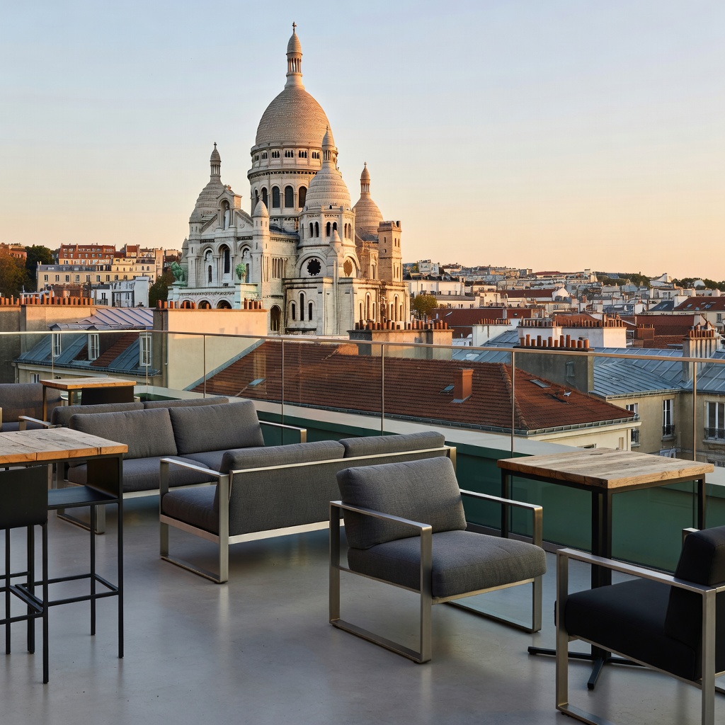 Generator Paris rooftop with view of Sacre-Coeur and modern interiors