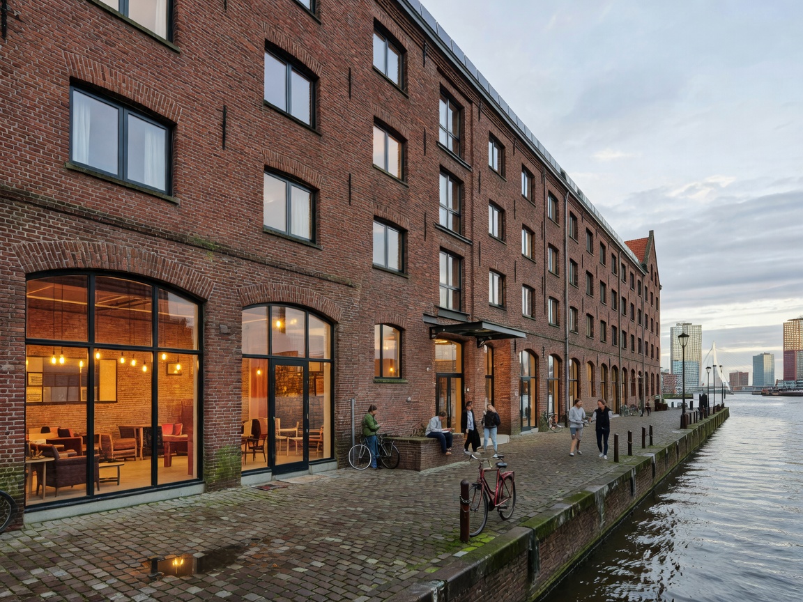 Historic brick warehouse adaptive reuse hostel conversion in Rotterdam