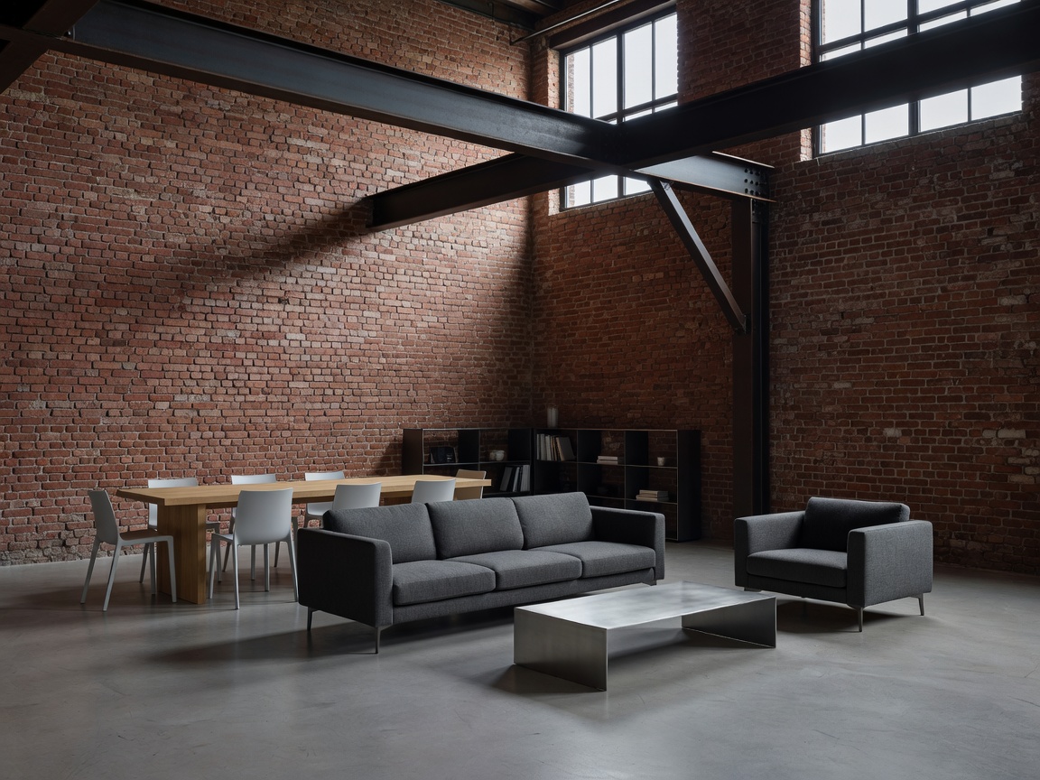 Industrial brick interior with modern furnishings