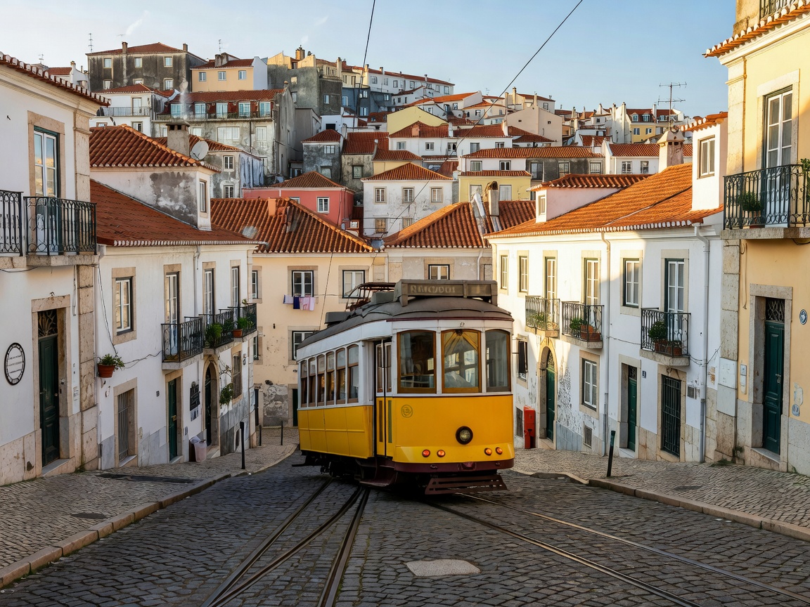 Lisbon historic yellow tram climbing steep cobblestone hill with terracotta rooftops