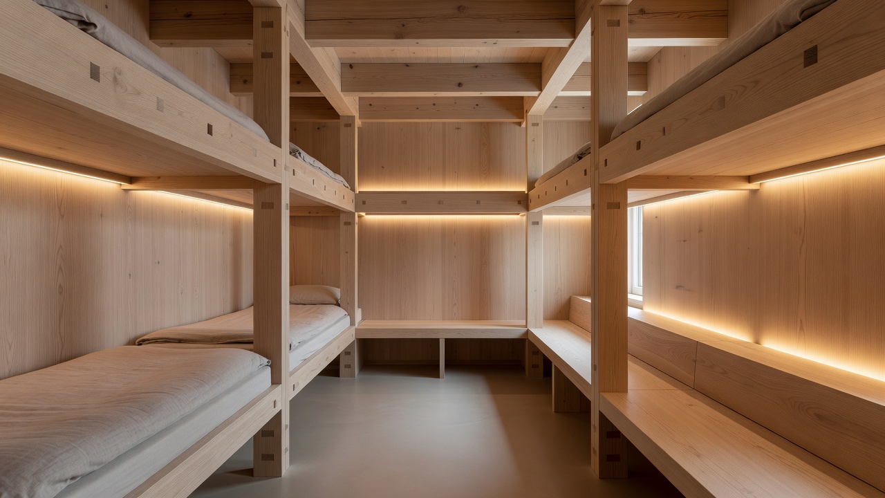 Minimalist architectural hostel interior in Copenhagen with custom timber joinery and warm lighting