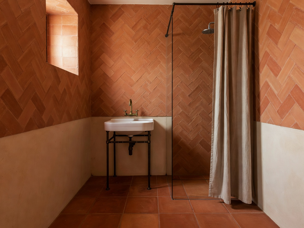 Terracotta bathroom detailing in European design hostel